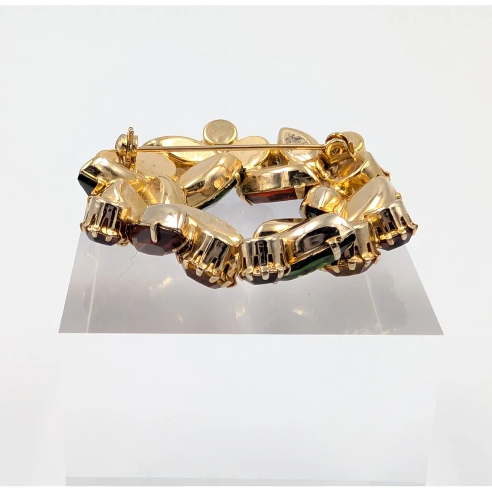 Vintage Marquise Rhinestone Wreath Brooch Gold Tone‎ 3D Fall Autumn